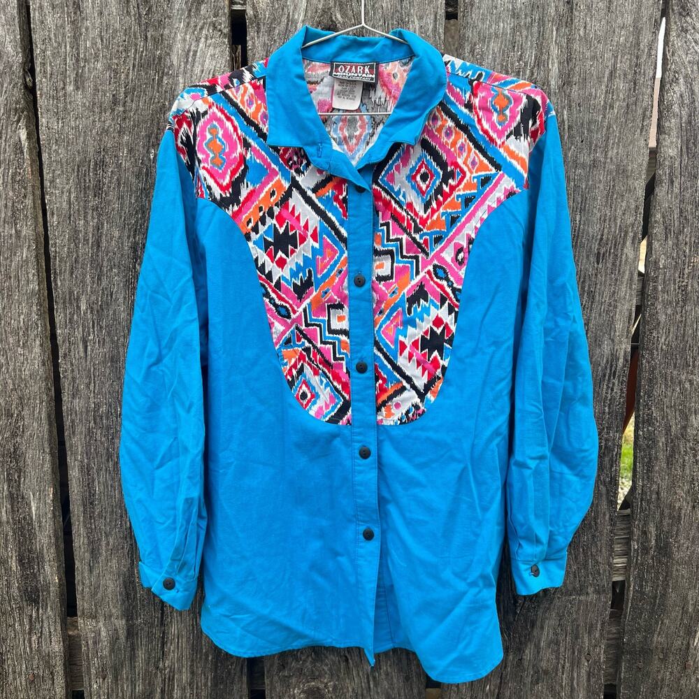 Vintage 90s Ozark Mountain Cowgirl Western Neon Southwestern Big Yoke Shirt 26W